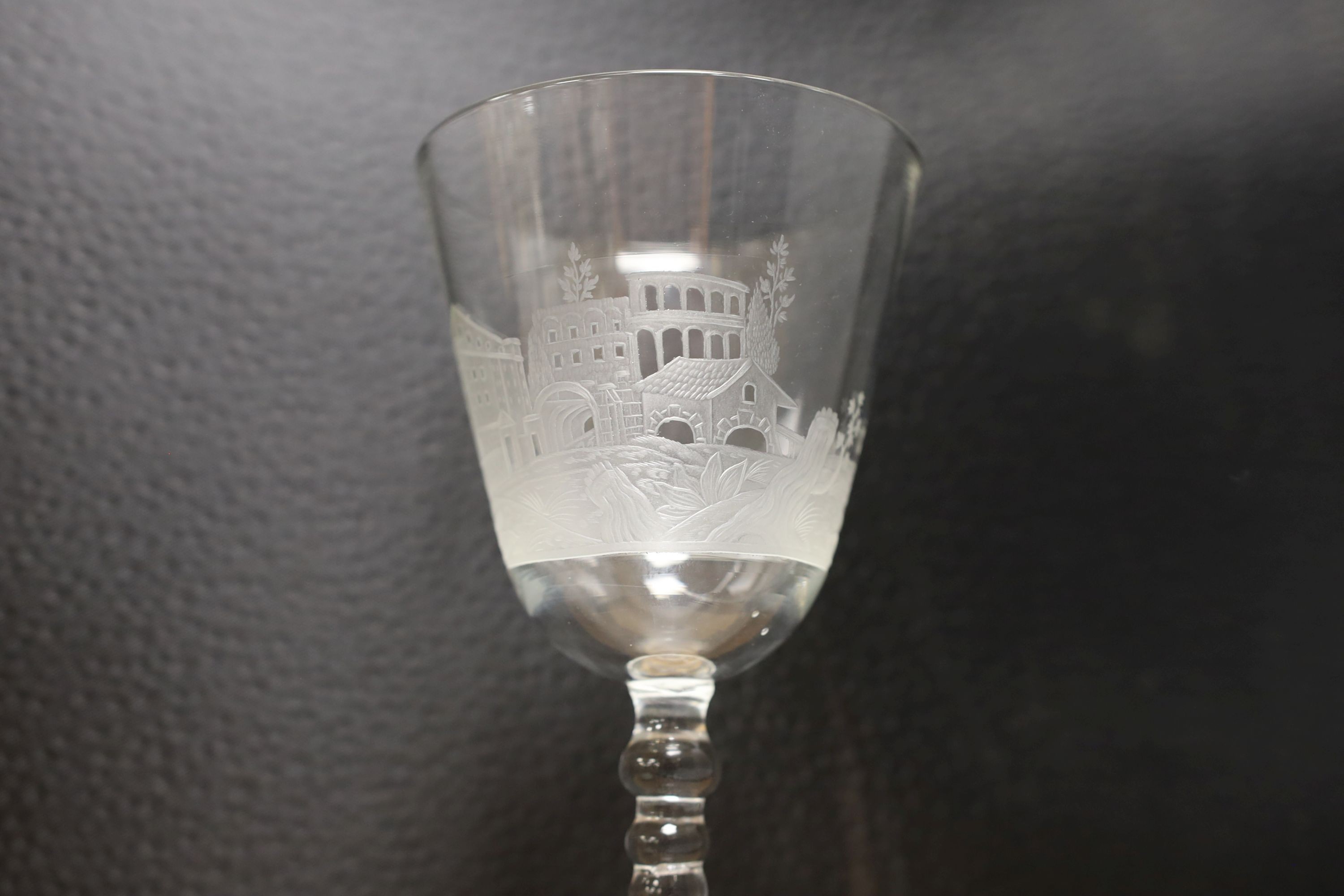 A Dutch engraved Newcastle goblet - 19cm tall